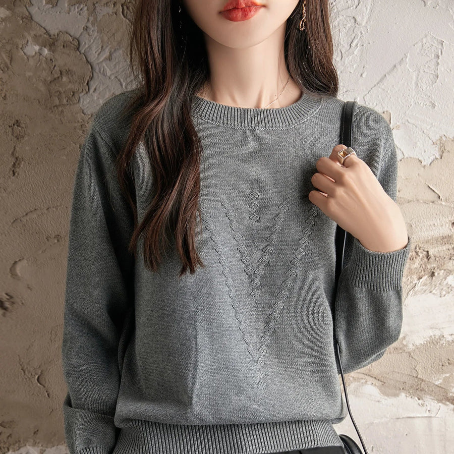 Pull femme en maille légère à col rond et motif en V texturé, manches longues