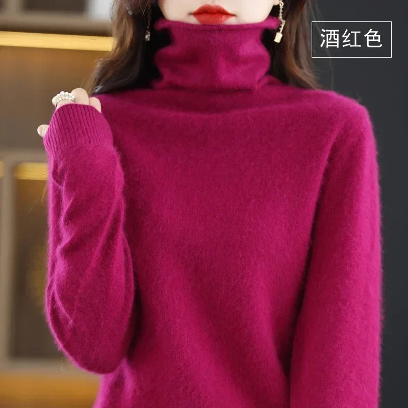 Pull col roulé femme en tricot doux, manches longues uni