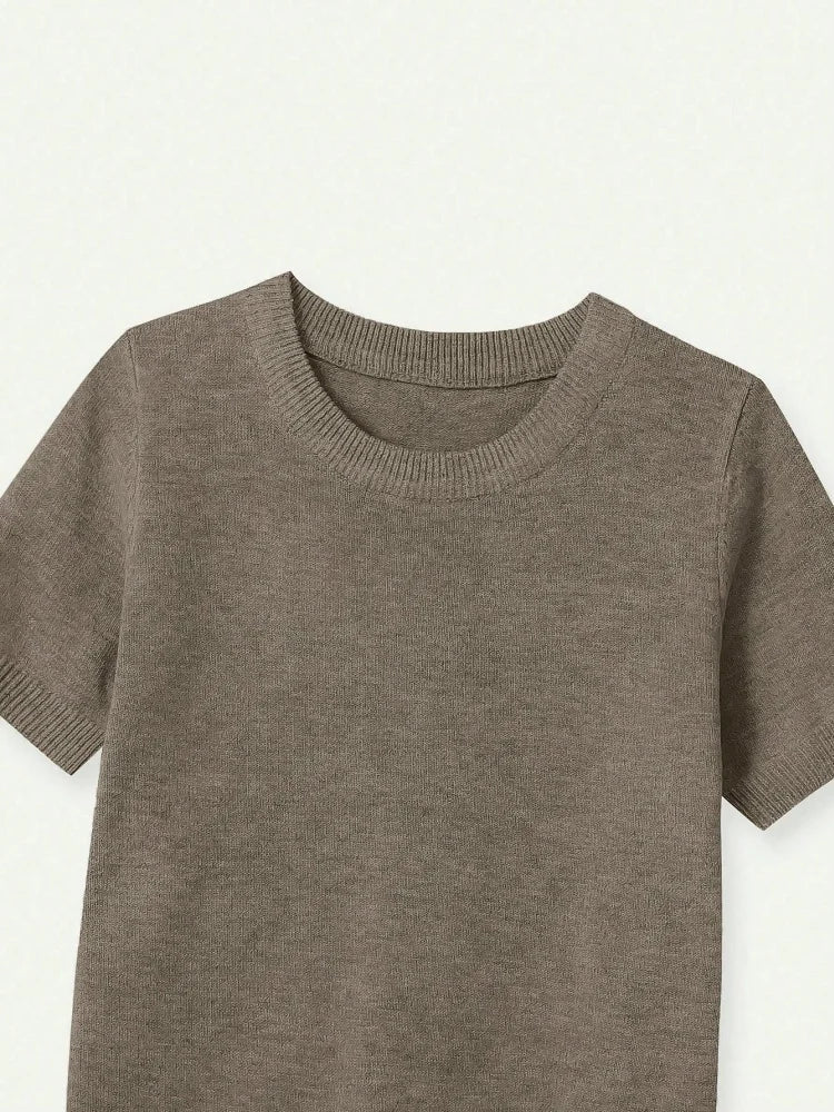 Women's solid-color short-sleeve crew-neck knitted T-shirt