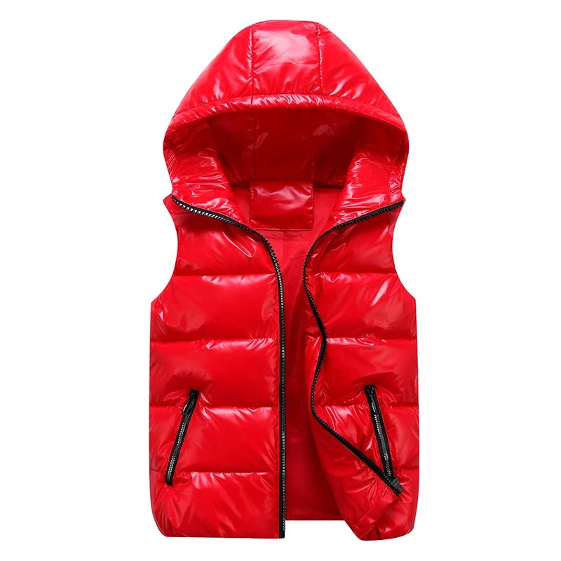 Doudoune sans manches brillante à capuche zippée pour homme