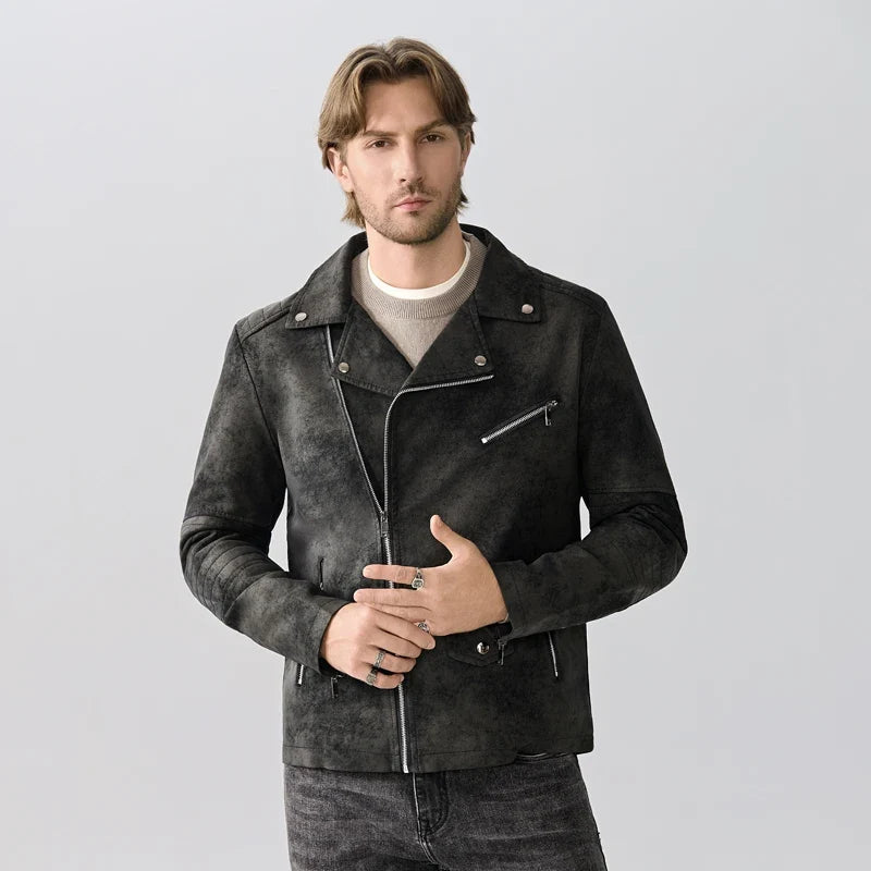 Herren-Motorradjacke mit asymmetrischem Schnitt und Reverskragen, verwaschenes Braun