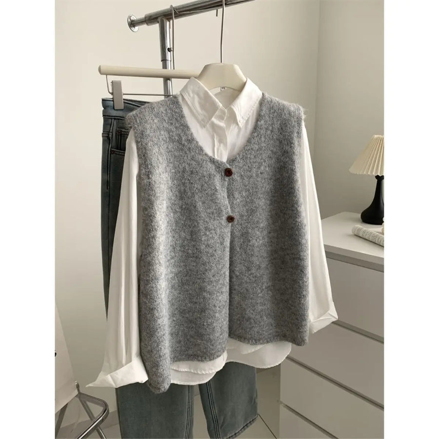Gilet sans manches en maille col V pour femme, boutons décoratifs
