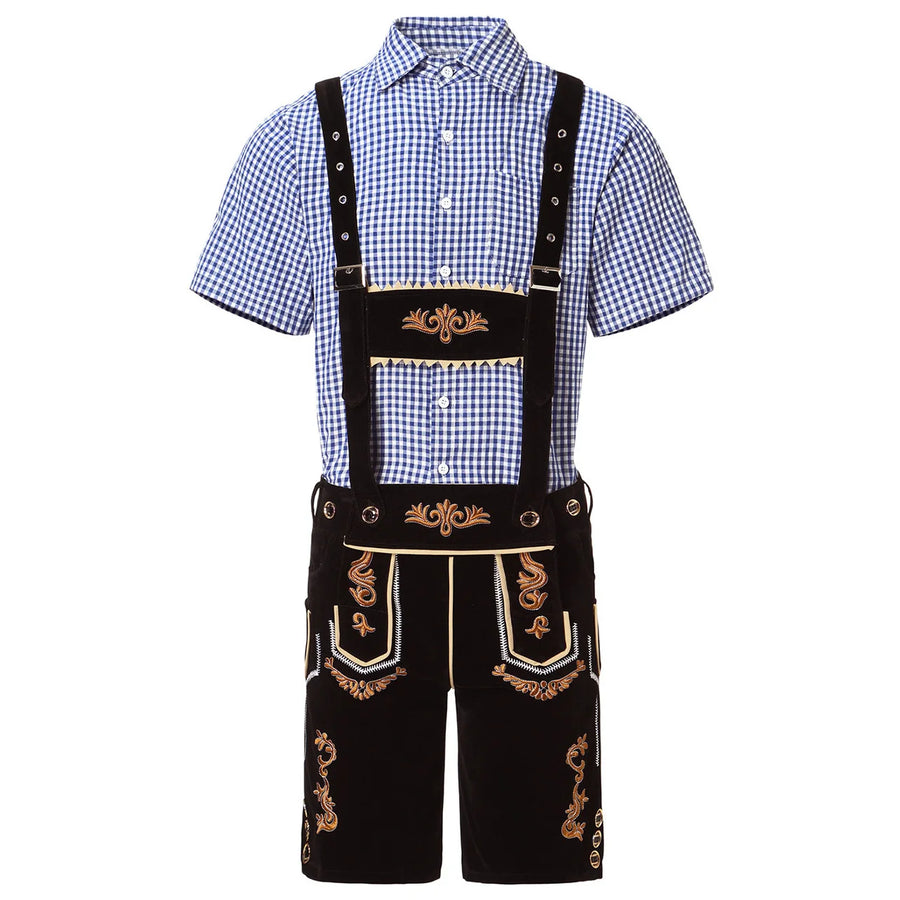 Costume da festa bavarese da uomo, camicia a quadri e pantaloncini Lederhosen