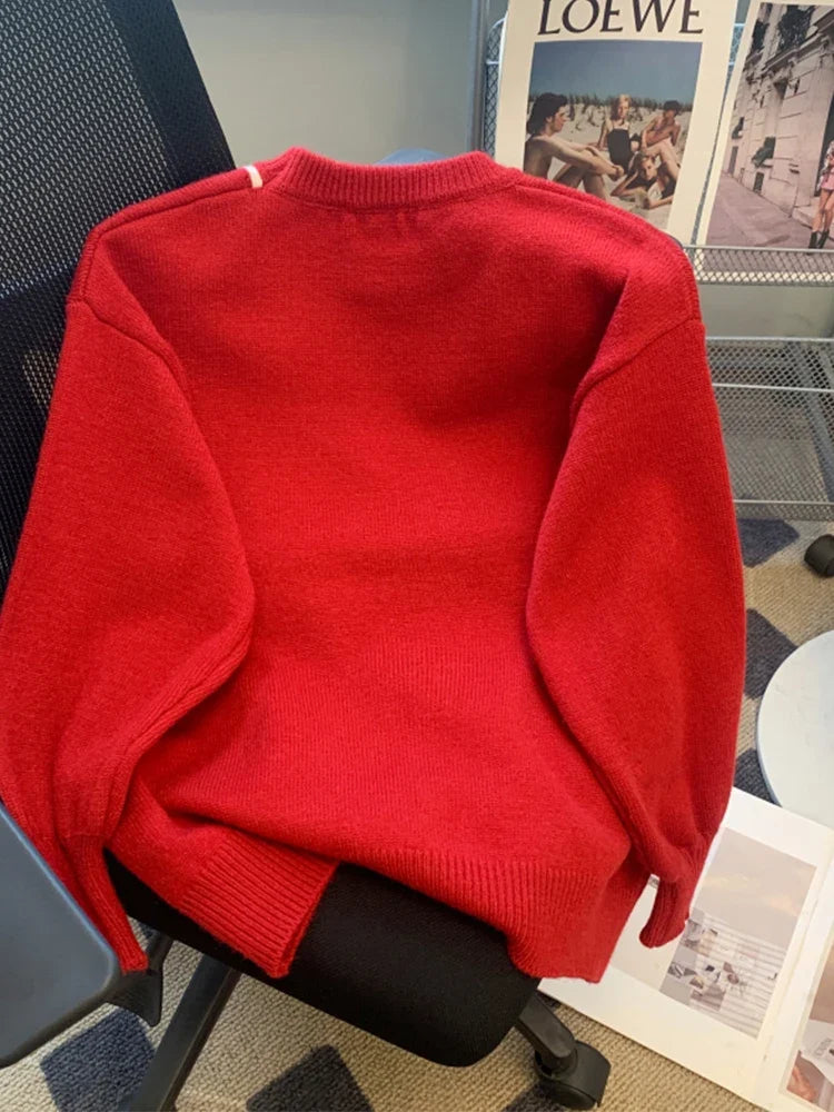 Loose-Fit Red Sweater with White Bow Tie