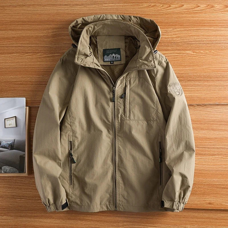 Giacca da uomo con cappuccio rimovibile, fodera in pile, chiusura con zip, beige kaki