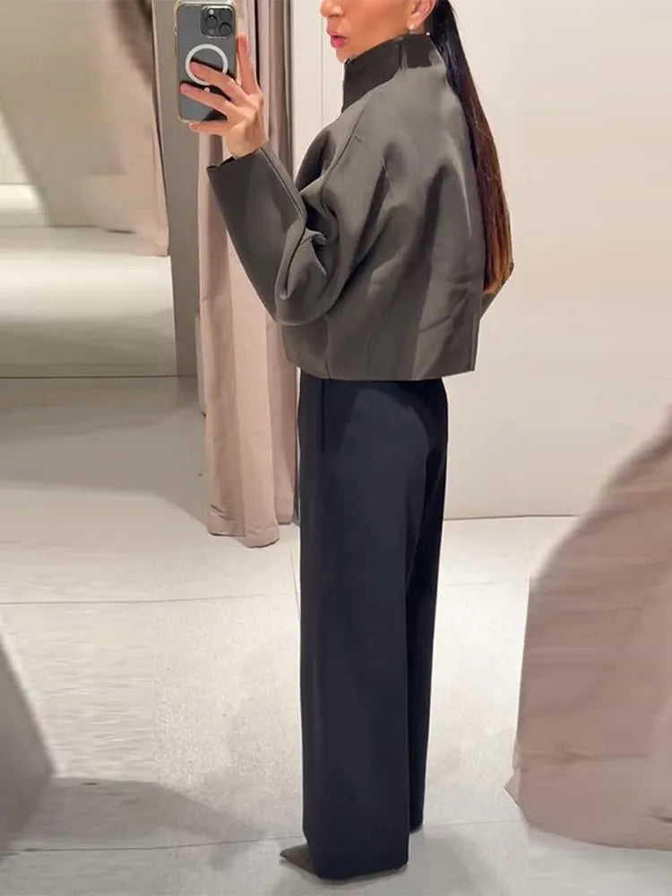 Khaki cropped jacket with stand collar and zip closure