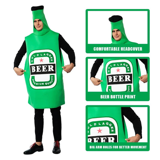Adult Green Beer Bottle Costume with Integrated Headpiece and “BEER” Print