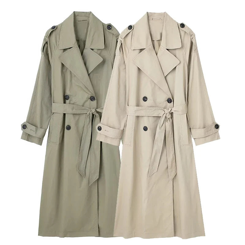 Langer Damen-Trenchcoat mit zweireihiger Knopfleiste und Gürtel in Khaki oder Beige