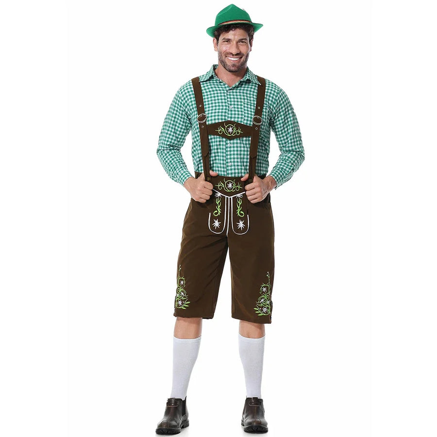 Completo da uomo in pelle con pantaloni corti tradizionali verdi a quadri e marroni ricamati oppure neri ricamati