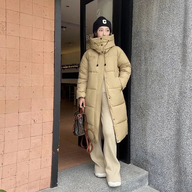 Piumino lungo casual da donna con cappuccio, per l'inverno
