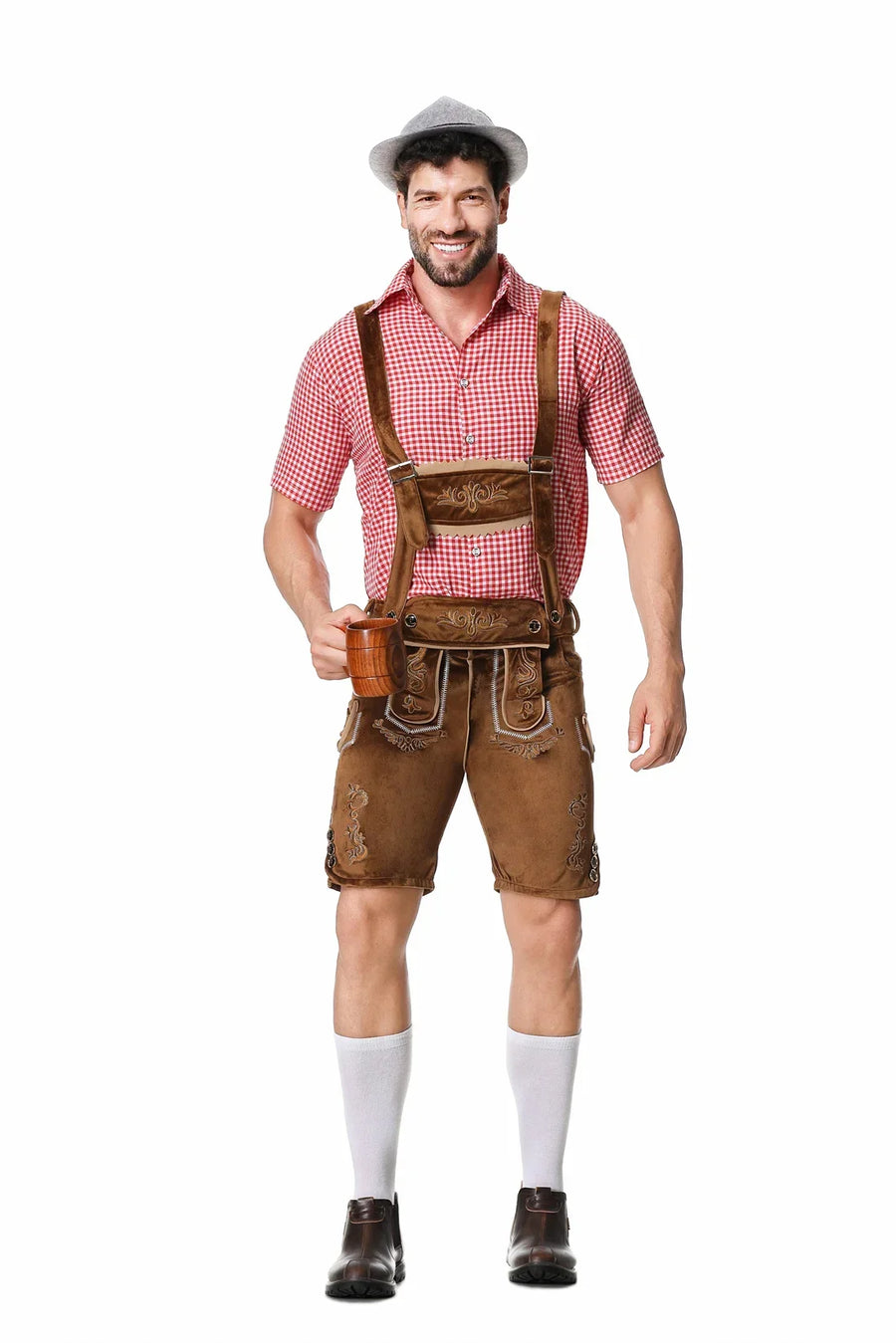 Costume da festa bavarese da uomo, camicia a quadri e pantaloncini Lederhosen
