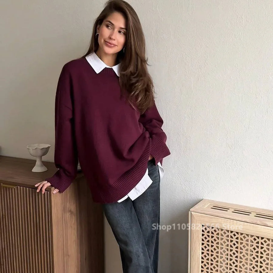 Jersey holgado de punto de canalé para mujer, con cuello redondo y color liso