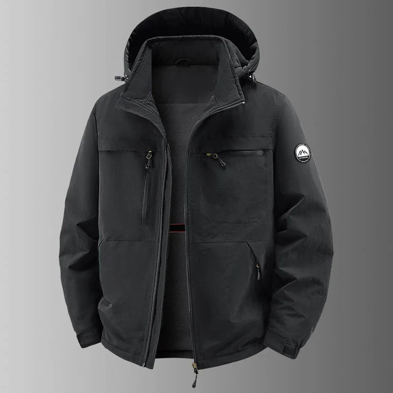 Men's lined hooded jacket with multiple pockets, zip closure, and sleeve badge