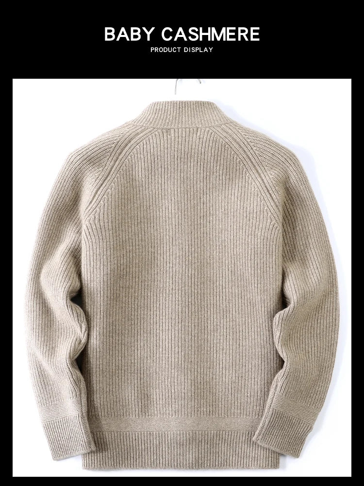 Cardigan de punto acanalado beige para hombre con cuello alto y botones