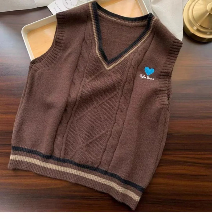 Gilet da donna senza maniche in maglia con scollo a V e motivi a trecce, stile preppy