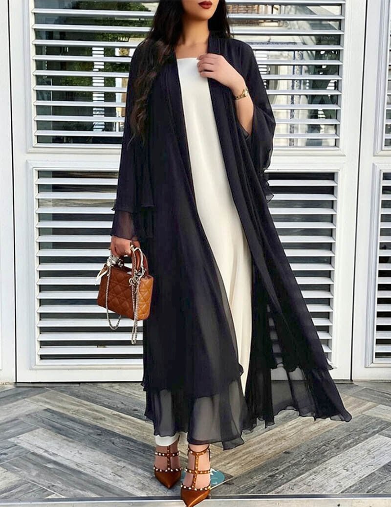 Women's Long, Flowing Cardigan with Ruffles and Lantern Sleeves