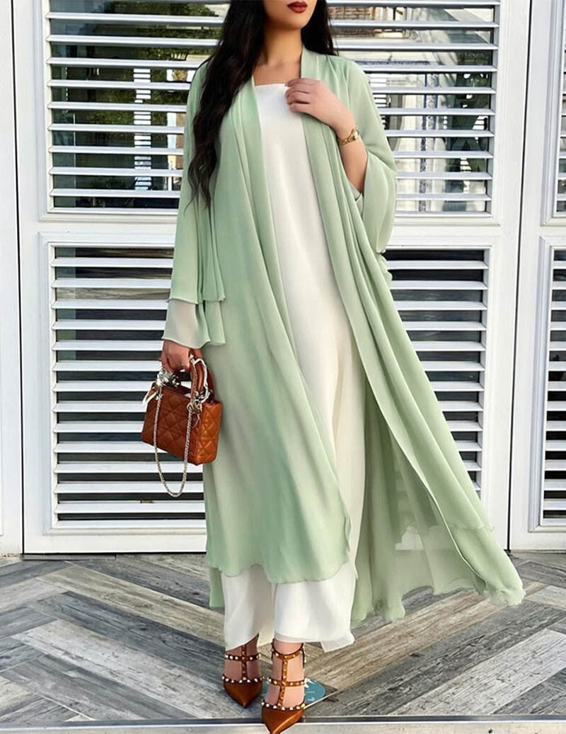 Women's Long, Flowing Cardigan with Ruffles and Lantern Sleeves