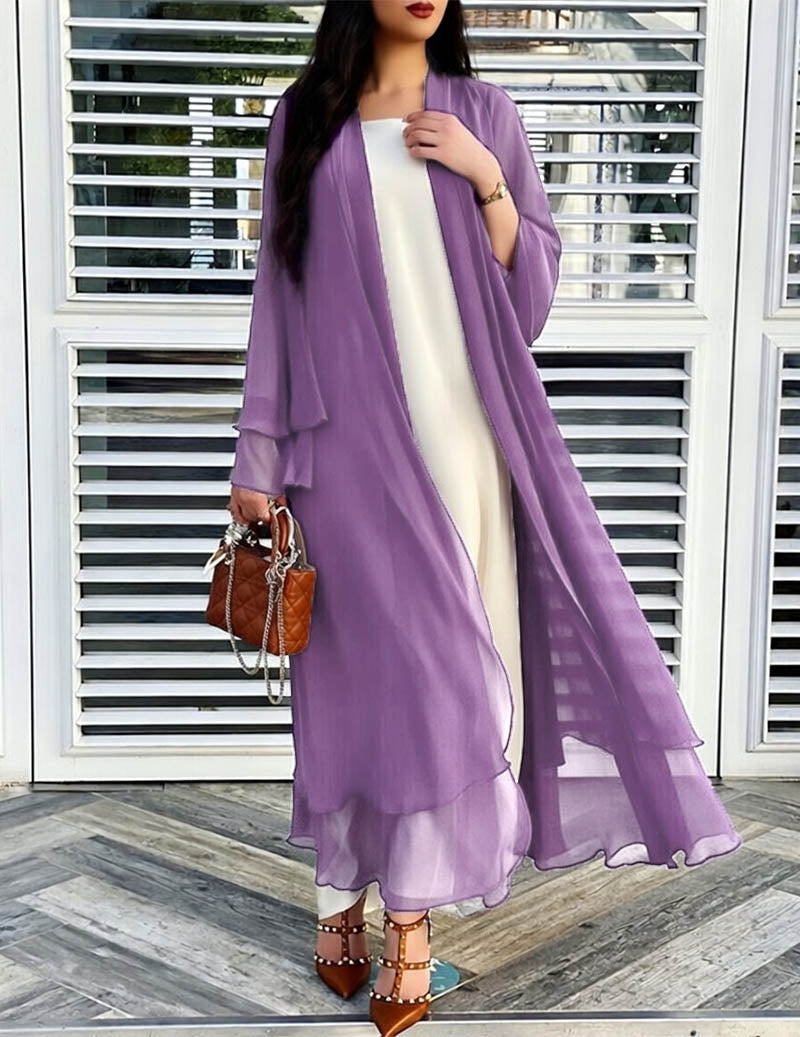 Women's Long, Flowing Cardigan with Ruffles and Lantern Sleeves