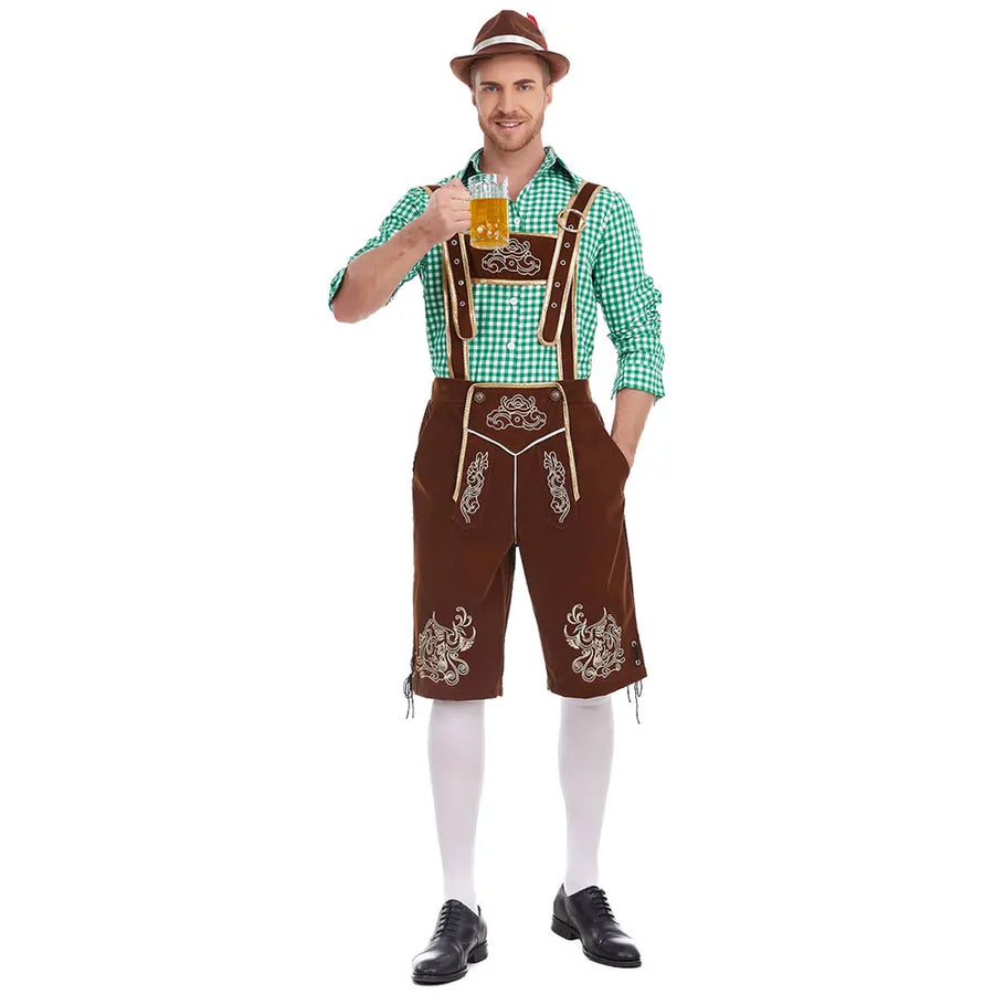 Costume bavarois homme short à bretelles chemise à carreaux Oktoberfest
