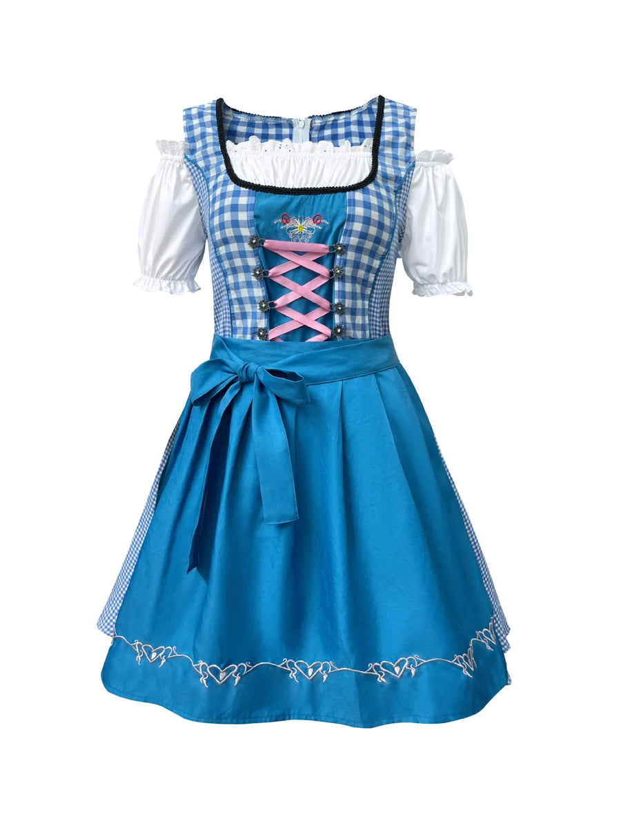 Blå- og hvidternet dirndl-kjole med forklæde og bluse til kvinder