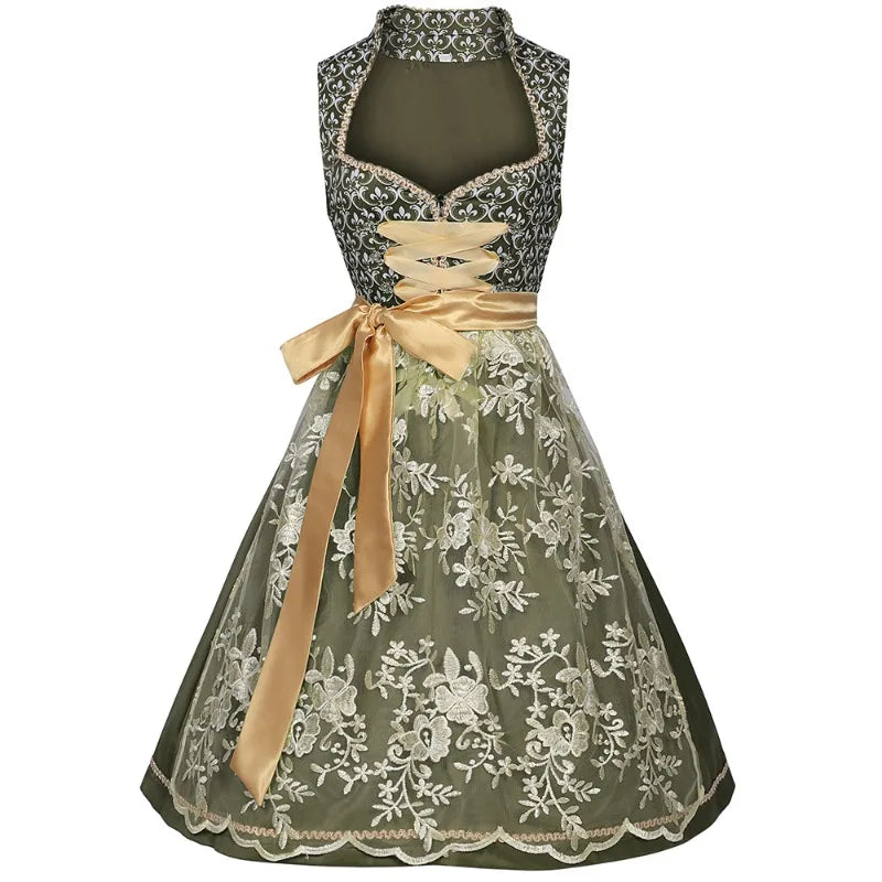 Robe Dirndl Traditionnelle Femme Vert Olive avec Nœud Doré et Broderies Florales