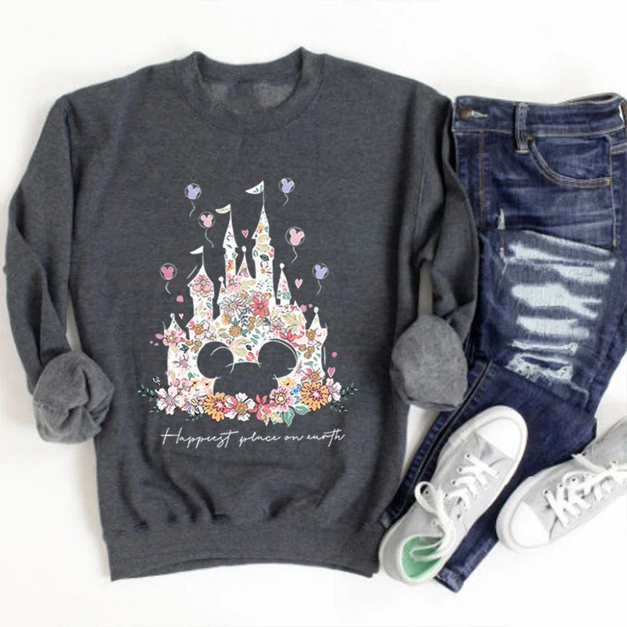 Sudadera de mujer de cuello redondo con estampado floral del castillo «Happiest Place», blanca