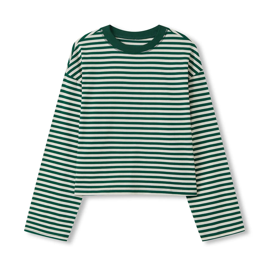 Gestreept dames-T-shirt met lange mouwen, kort en losvallend