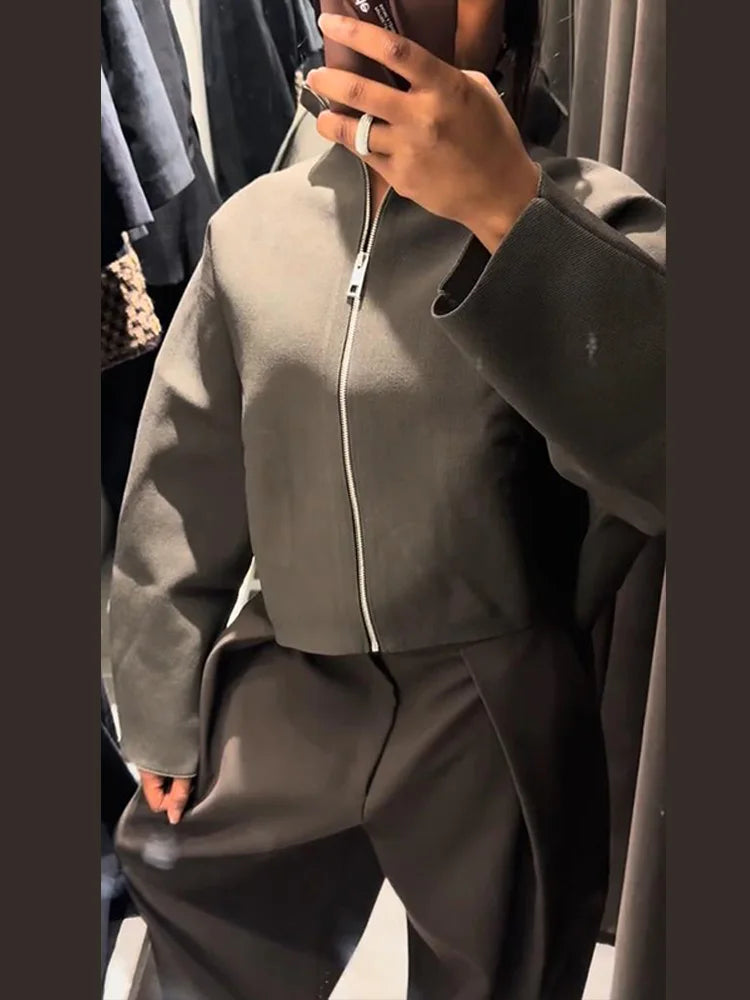 Khaki cropped jacket with stand collar and zip closure