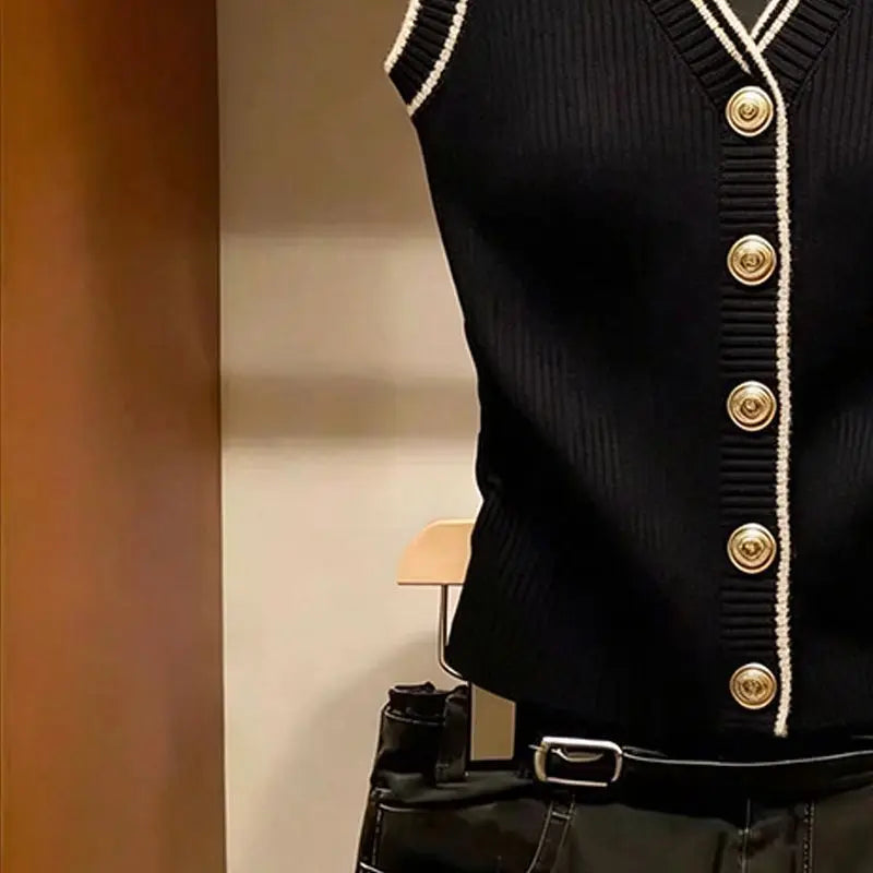 Giletto da donna nero a coste senza maniche con scollo a V, righe bianche e bottoni dorati