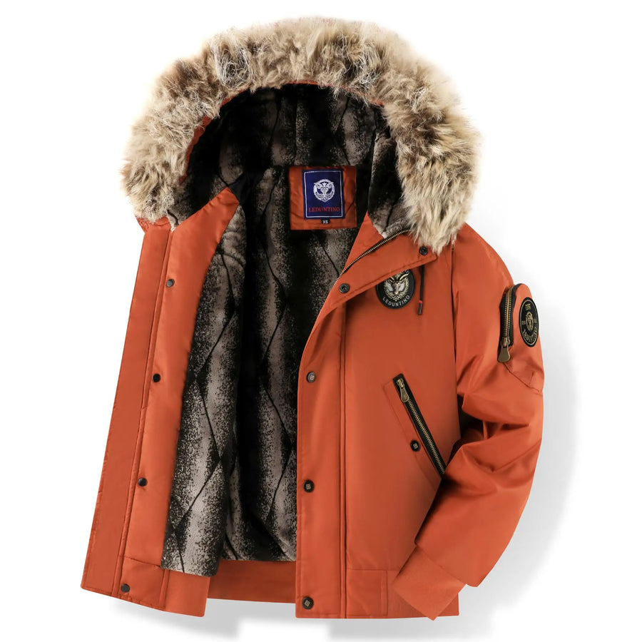 Chaqueta bomber de hombre con capucha ribeteada de piel sintética y forro cálido, negra