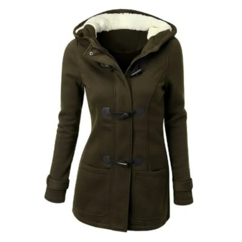Duffle coat da donna nero con cappuccio foderato in pelliccia e alamari