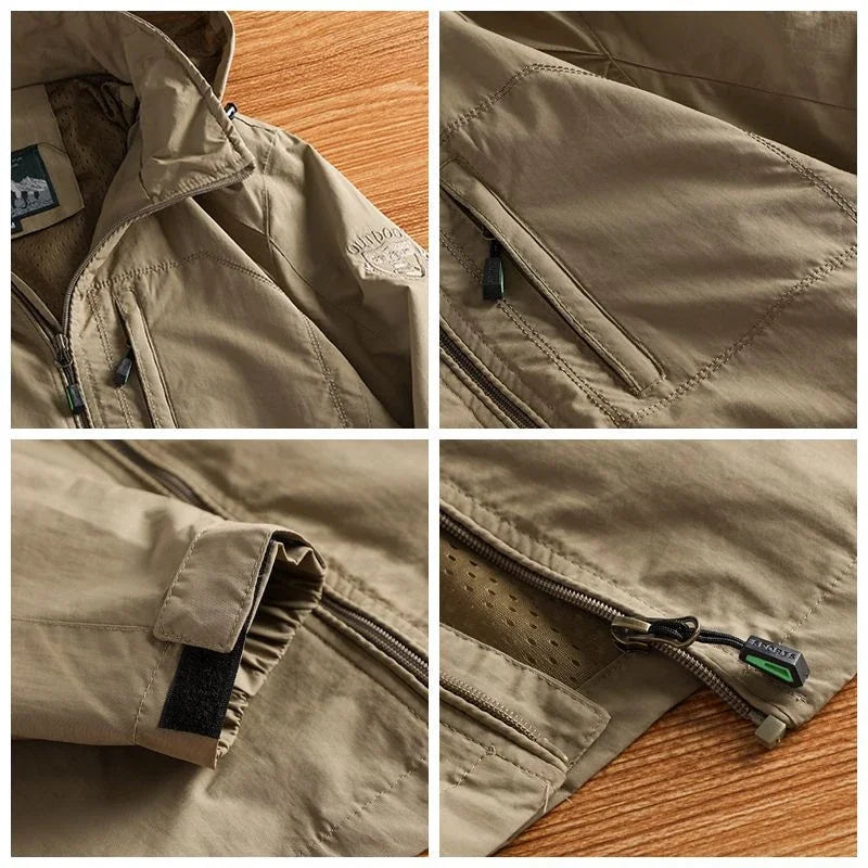 Giacca da uomo con cappuccio rimovibile, fodera in pile, chiusura con zip, beige kaki