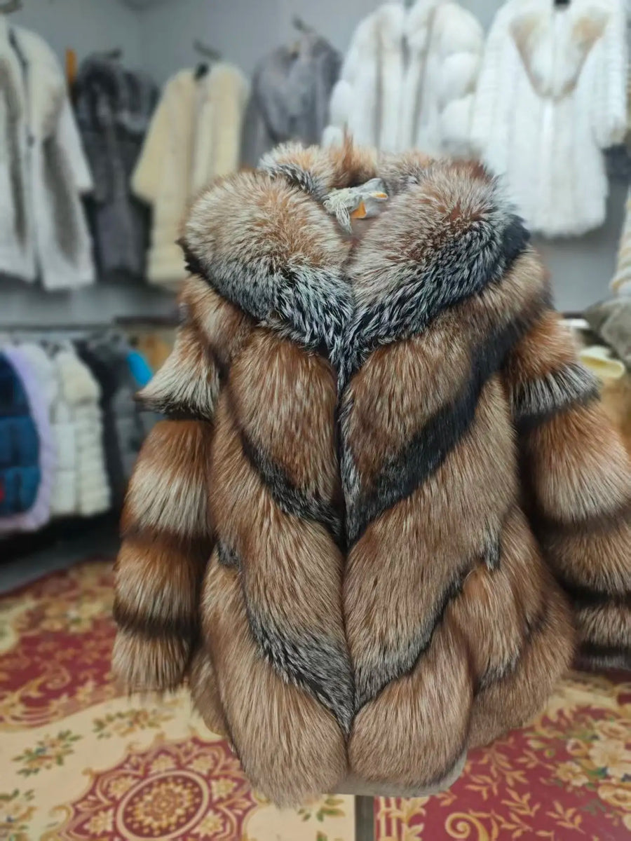 Cappotto caldo da donna con cappuccio in pelliccia sintetica, maniche lunghe e motivo a chevron