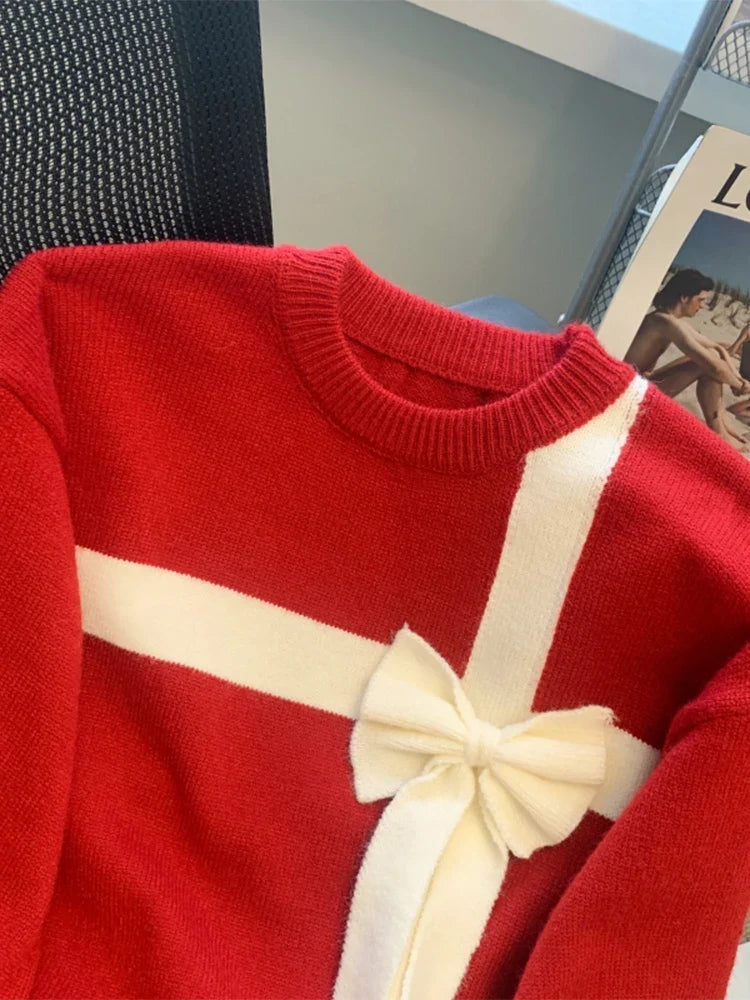 Loose-Fit Red Sweater with White Bow Tie