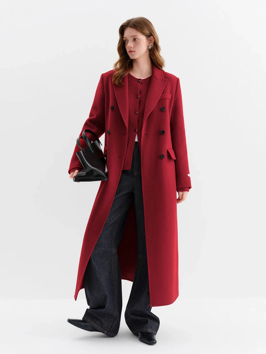 Long women's double-breasted wrap coat in burgundy red