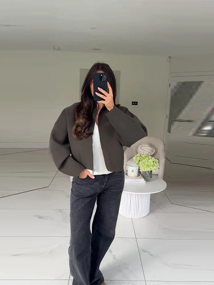 Khaki cropped jacket with stand collar and zip closure