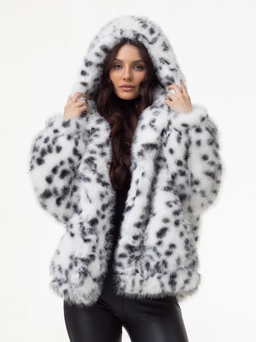 Manteau à capuche motif léopard noir et blanc en fausse fourrure pour femme