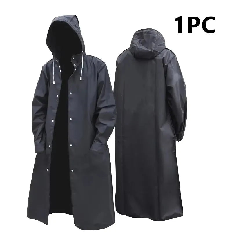 Imperméable Long Noir Unisexe avec Capuche et Boutons
