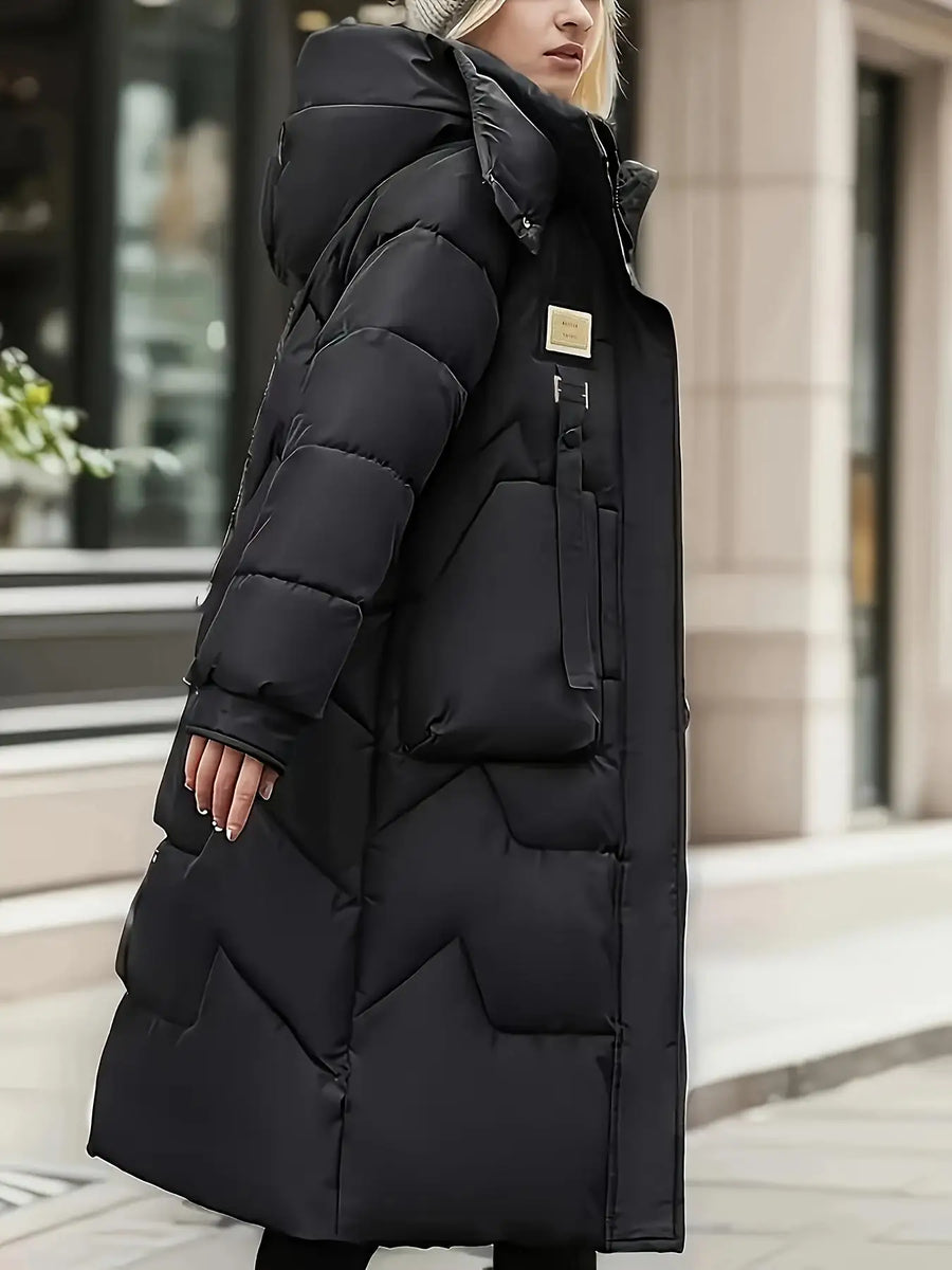 Doudoune longue matelassée à capuche pour femme – Noir