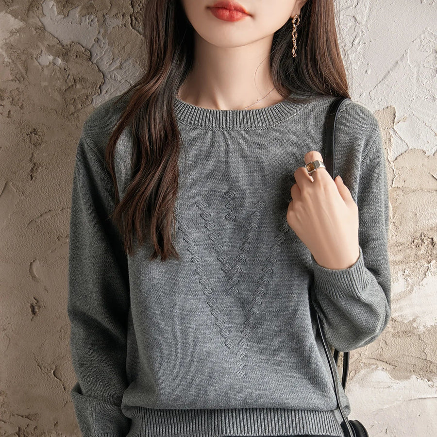 Pull femme en maille légère à col rond et motif en V texturé, manches longues