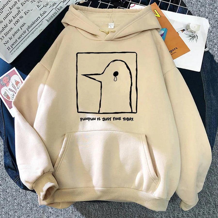 Oversize-Kapuzenpullover in Beige mit Motiv des traurigen Vogels „Punpun“