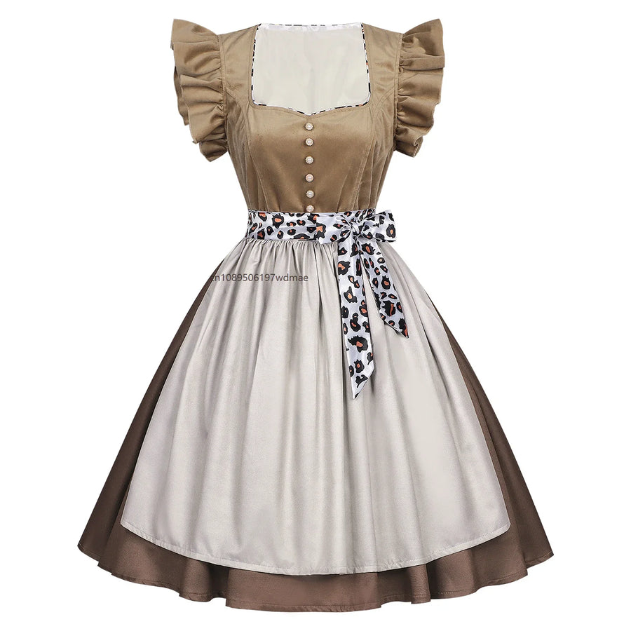 Abito dirndl tradizionale beige e marrone con grembiule leopardato da donna