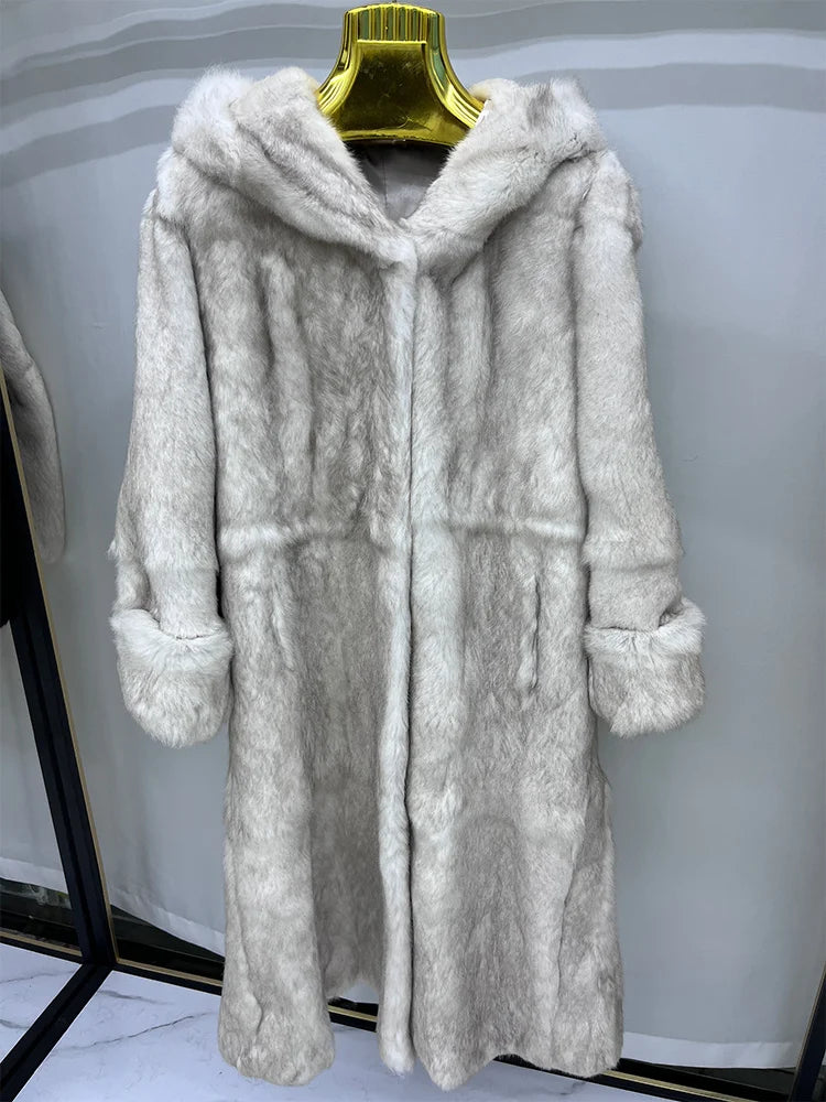 Abrigo largo con capucha de piel sintética para mujer, estilo parka acogedora