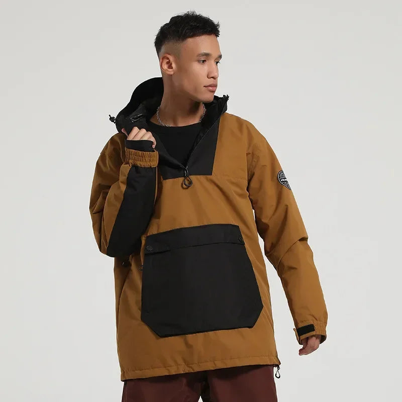 Damen-Anorak-Skijacke mit Kapuze, wasserdicht und winddicht, mit großer Fronttasche