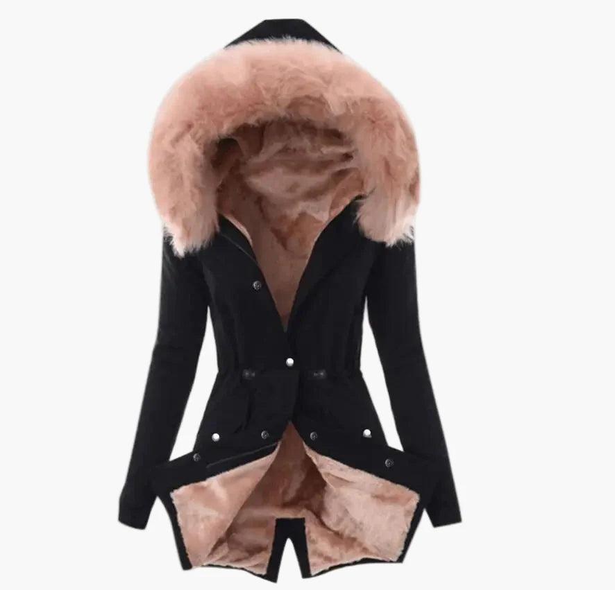 Cappotto invernale donna elegante con cappuccio ampio foderato stile urbano caldo