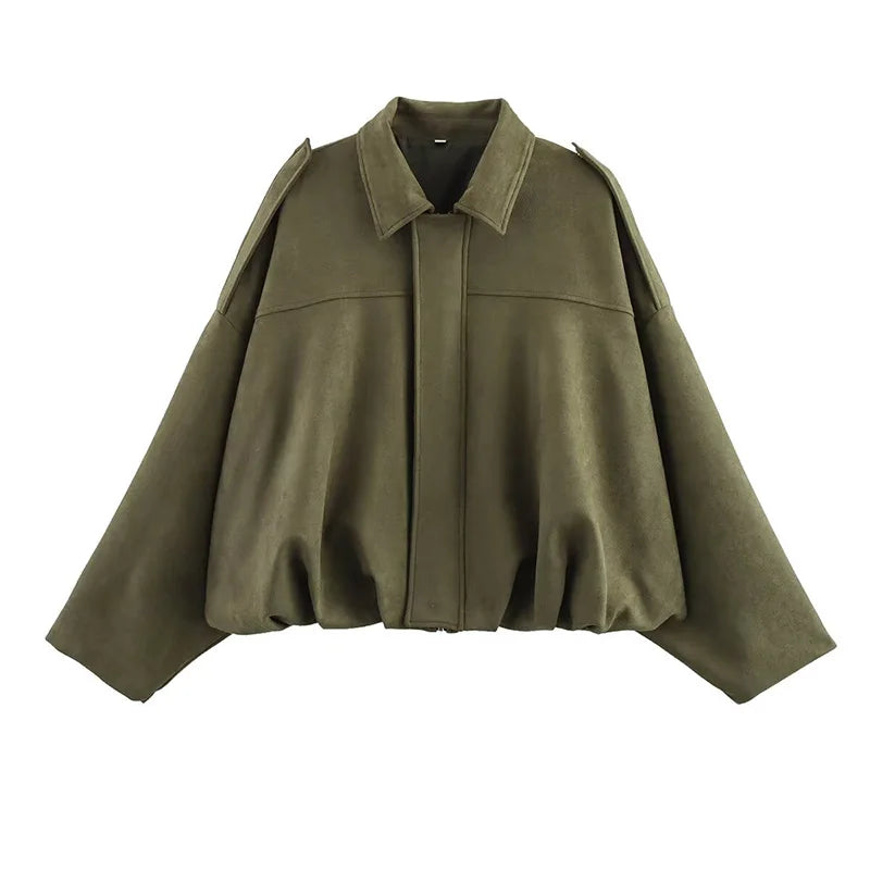 Veste courte style aviateur femme kaki col classique manches longues