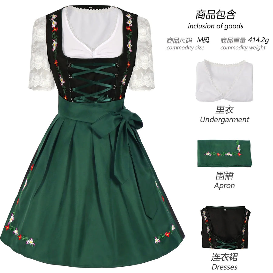 Traditionel grøn og sort dirndl-kjole med blomsterbroderier og hvid bluse