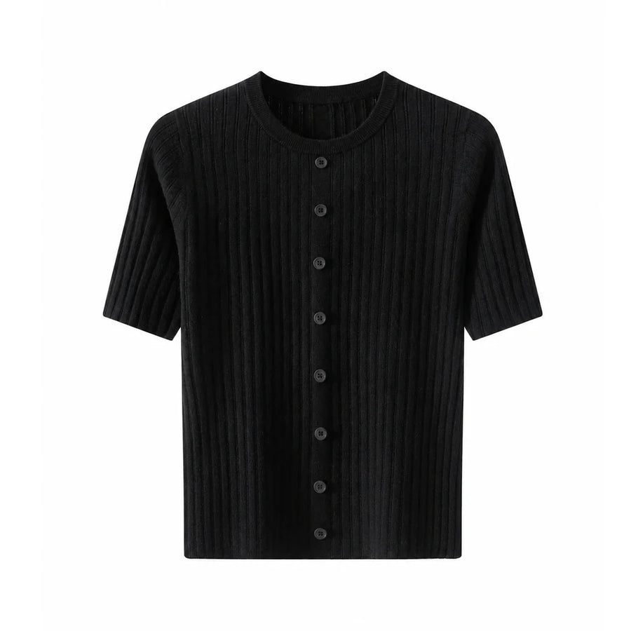 Cardigan côtelé Femme Manches Courtes Boutonné Col Rond