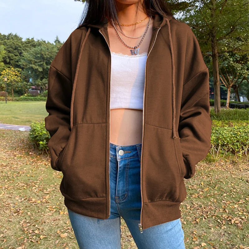 Ledig oversized sweatshirtjacka med dragkedja och huva för kvinnor, med fickor