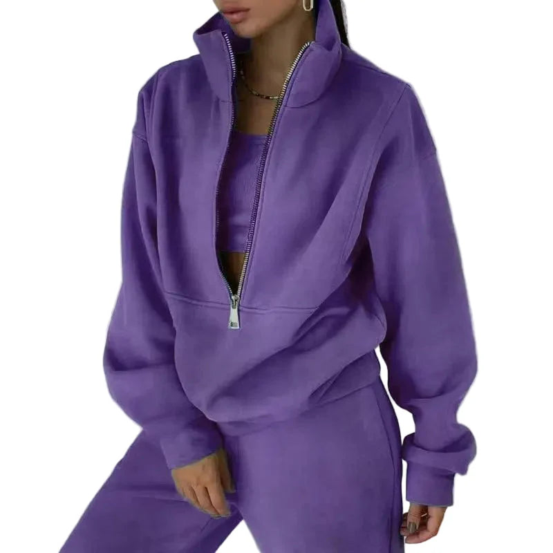 Ensemble Survêtement Femme Style Urbain Décontracté avec Col Zippé